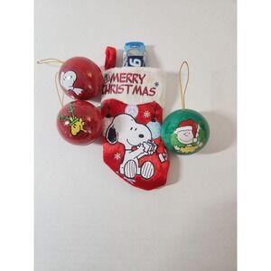 Lot Of 3 Peanuts Hallmark Tin Ball  Ornaments Snoopy Charlie Brown Stocking/ Car